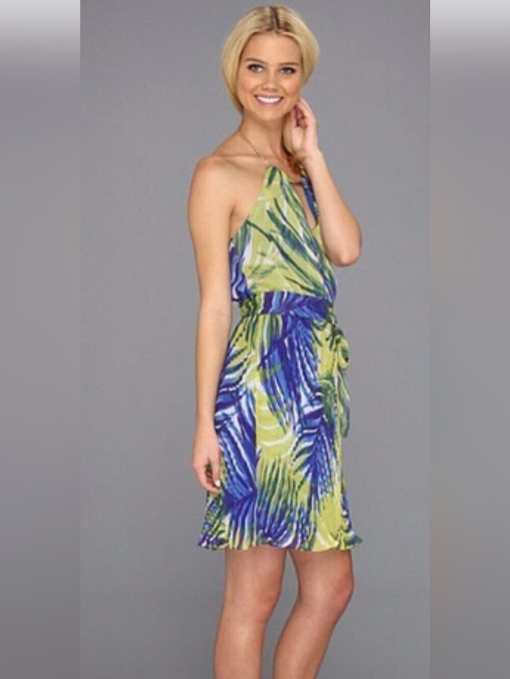 Max & Cleo Blue and Green Tropical Halter Dress